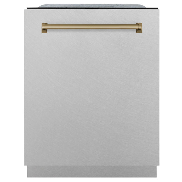 Lavavajillas ZLINE Autograph Edition de 24 pulgadas de alto, control táctil en acero inoxidable DuraSnow® con manija en bronce champán, DWMTZ-SN-24-CB