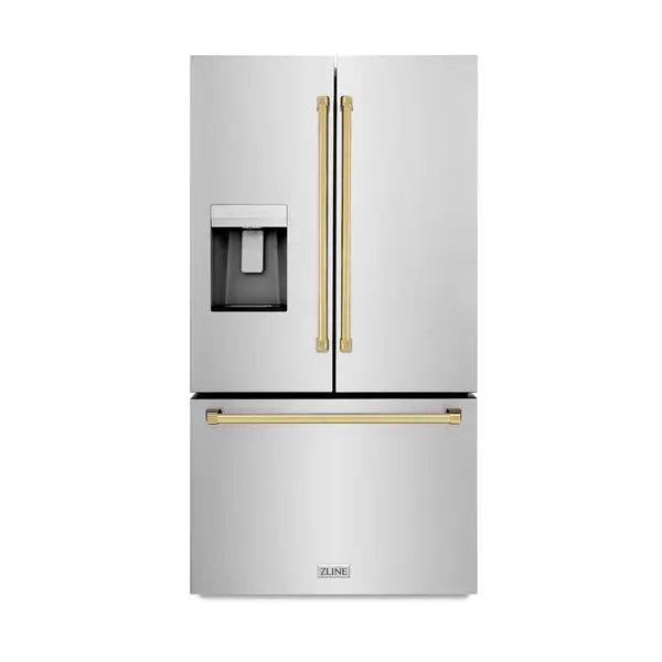 ZLINE Autograph Edition 36 in. 28.9 cu. ft. Standard-Depth French Door External Water Dispenser Refrigerator with Dual Ice Maker in Fingerprint-Resistant Black Stainless Steel and Champagne Bronze Traditional Handles (RSMZ-W-36-BS-CB) Zline