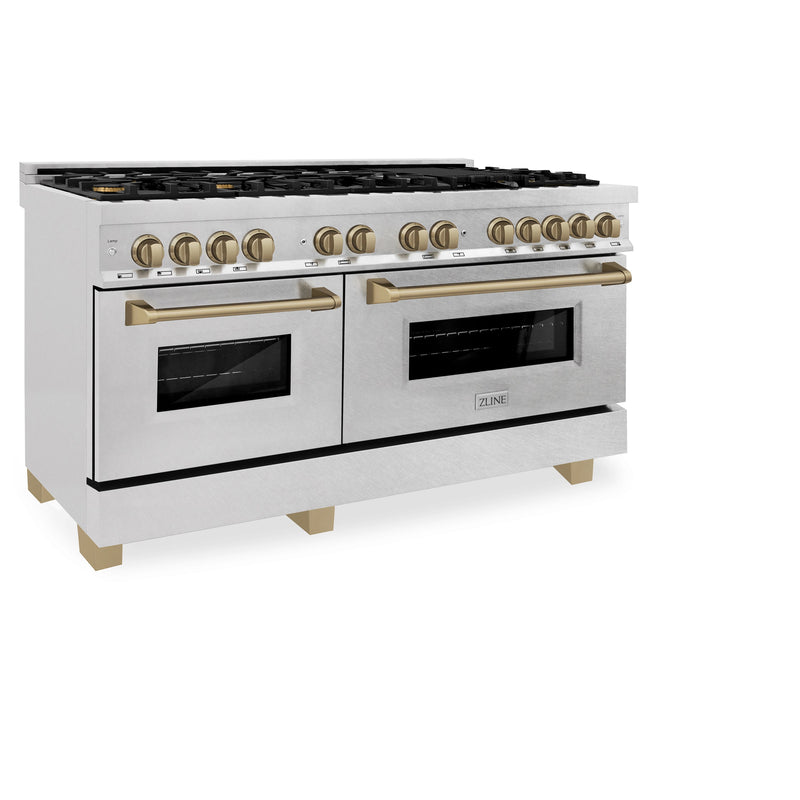 ZLINE Autograph Edition 60 in. 7.4 cu. ft. Legacy Dual Fuel Range with 9 Burner Gas Cooktop and 2 Electric Convection Ovens in Satin Stainless Steel and Champagne Bronze Accents (RASZ-SN-60-CB) ZLINE