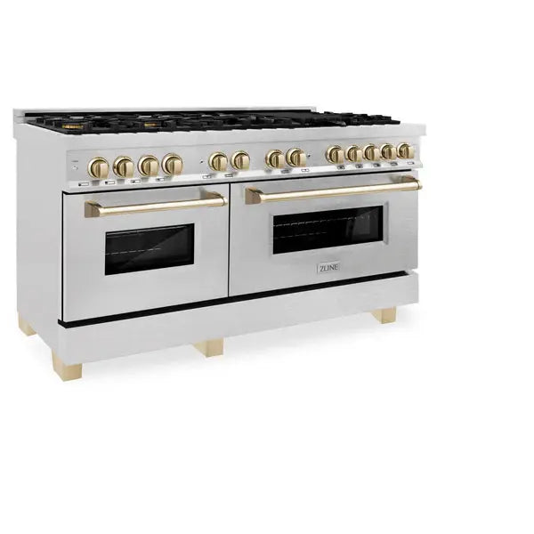 ZLINE Autograph Edition 60 in. 7.4 cu. ft. Legacy Dual Fuel Range with 9 Burner Gas Cooktop and 2 Electric Convection Ovens in Satin Stainless Steel with White Matte Doors and Champagne Bronze Accents (RASZ-WM-60-CB) Zline