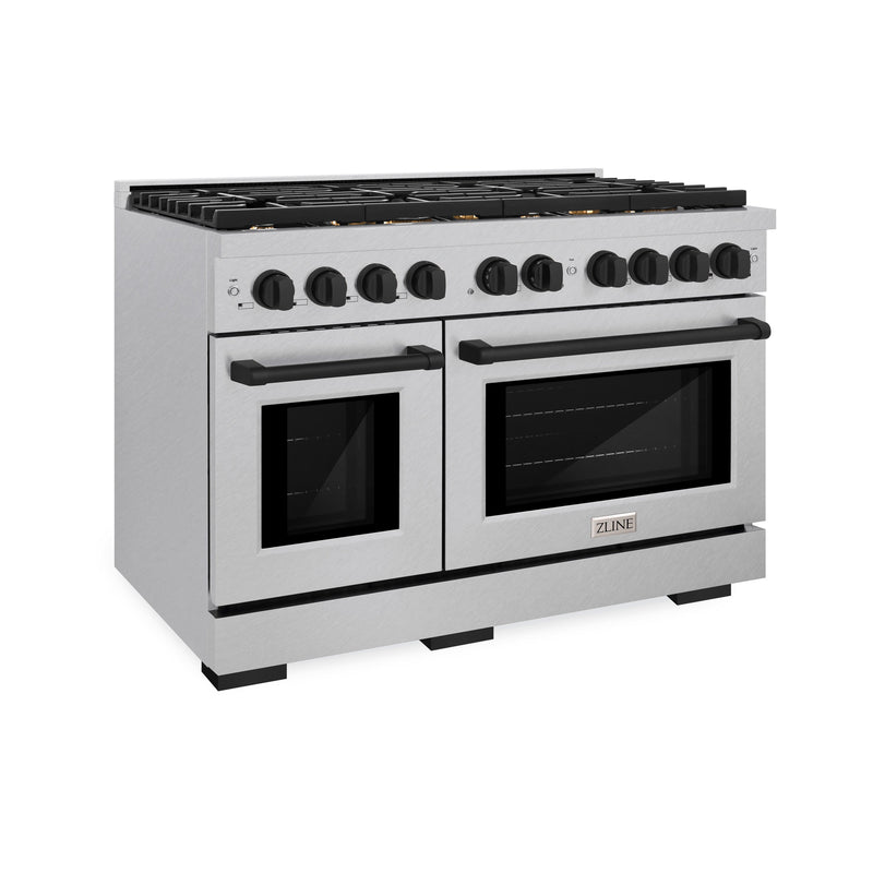 ZLINE Autograph Edition 48 in. 6.7 cu. ft. Paramount Double Oven Dual Fuel Range with 8 Burner Gas Cooktop in Satin Stainless Steel and Matte Black Accents (SDRSZ-48-MB) ZLINE