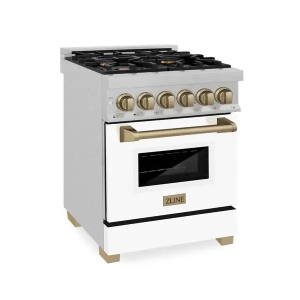 ZLINE Autograph Edition 24 in. 2.8 cu. ft. Legacy Dual Fuel Range with 4 Burner Gas Cooktop and Electric Convection Oven in Satin Stainless Steel with White Matte Door and Champagne Bronze Accents (RASZ-WM-24-CB) Zline