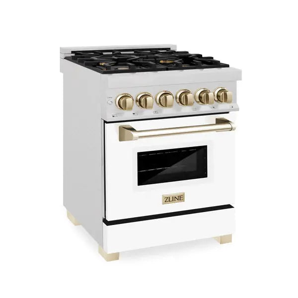 ZLINE Autograph Edition 24 in. 2.8 cu. ft. Legacy Dual Fuel Range with 4 Burner Gas Cooktop and Electric Convection Oven in Satin Stainless Steel with White Matte Door and Champagne Bronze Accents (RASZ-WM-24-CB) Zline
