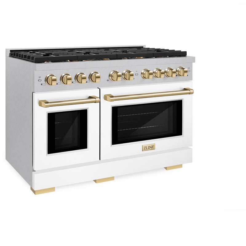 ZLINE Autograph Edition 48 in. 6.7 cu. ft. Paramount Double Oven Dual Fuel Range with 8 Burner Gas Cooktop in Satin Stainless Steel with White Matte Doors and Polished Gold Accents (SDRSZ-WM-48-G) ZLINE