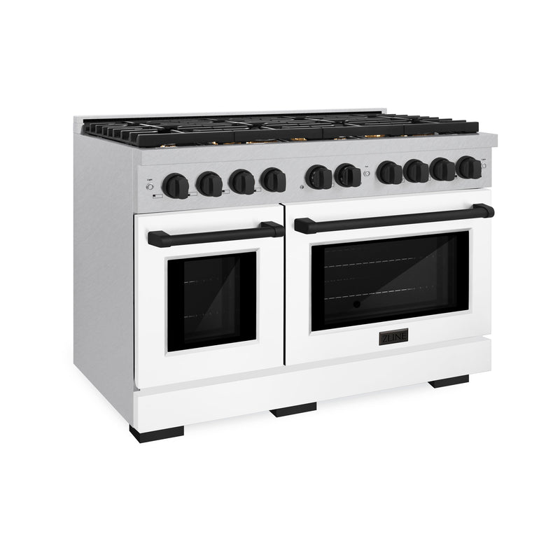 ZLINE Autograph Edition 48 in. 6.7 cu. ft. Paramount Double Oven Gas Range with 8 Burner Cooktop in Satin Stainless Steel with White Matte Doors and Matte Black Accents (SGRSZ-WM-48-MB) ZLINE