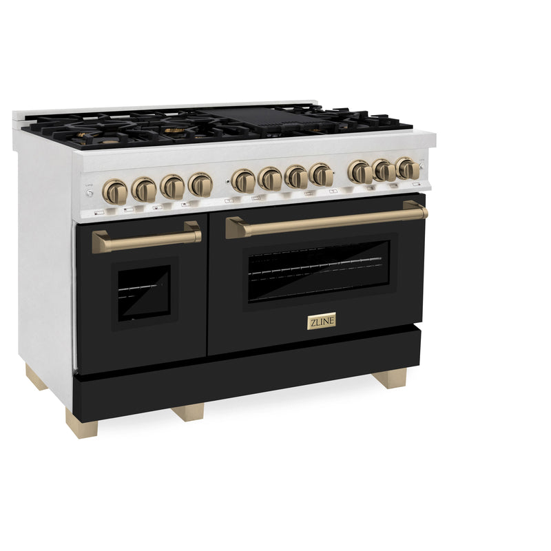 ZLINE Autograph Edition 48 in. 6.0 cu. ft. Legacy Dual Fuel Range with 7 Burner Gas Cooktop and 2 Electric Ovens in Satin Stainless Steel with Black Matte Doors and Champagne Bronze Accents (RASZ-BLM-48-CB) ZLINE