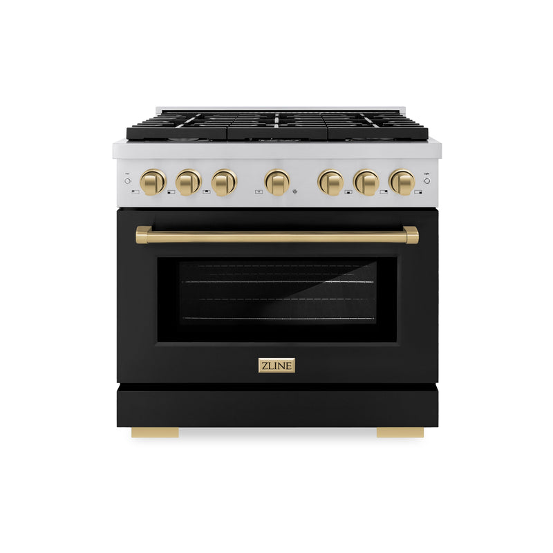 ZLINE Autograph Edition 36 in. 5.2 cu. ft. Paramount Dual Fuel Range with 6 Burner Gas Cooktop and Electric Convection Oven in Stainless Steel with Black Matte Door and Champagne Bronze Accents (SDRZ-BLM-36-CB) ZLINE