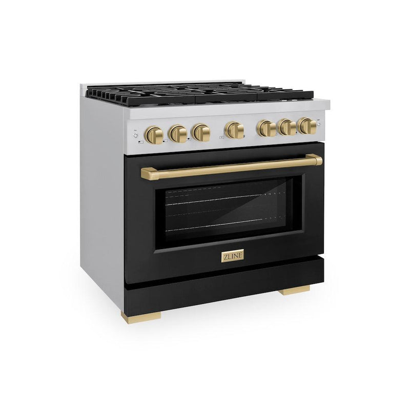 ZLINE Autograph Edition 36 in. 5.2 cu. ft. Paramount Gas Range with 6 Burner Cooktop and Convection Gas Oven in Stainless Steel with Black Matte Door and Champagne Bronze Accents (SGRZ-BLM-36-CB) ZLINE