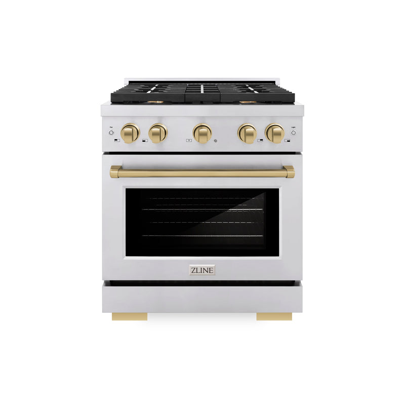 ZLINE Autograph Edition 30 in. 4.2 cu. ft. Paramount Dual Fuel Range with 4 Burner Gas Cooktop and Electric Convection Oven in Stainless Steel with Champagne Bronze Accents (SDRZ-30-CB) ZLINE