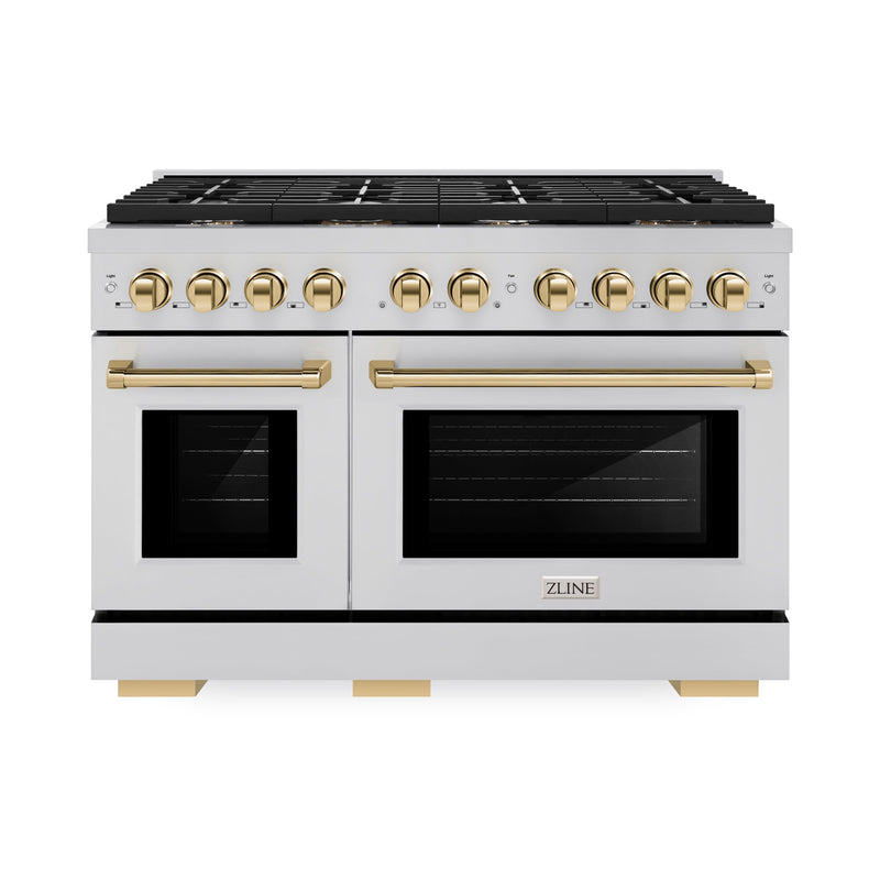 ZLINE Autograph Edition 48 in. 6.7 cu. ft. Paramount Double Oven Dual Fuel Range with 8 Burner Gas Cooktop in Stainless Steel and Polished Gold Accents (SDRZ-48-G) ZLINE