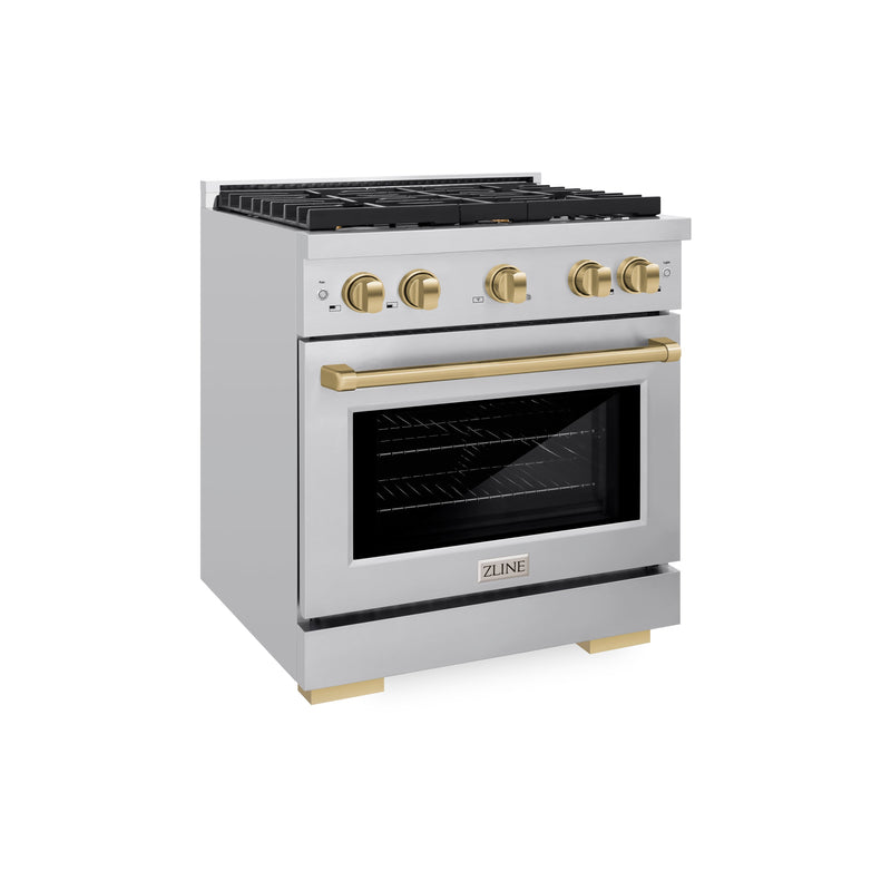 ZLINE Autograph Edition 30 in. 4.2 cu. ft. Paramount Gas Range with 4 Burner Cooktop and Convection Gas Oven in Stainless Steel and Champagne Bronze Accents (SGRZ-30-CB) ZLINE