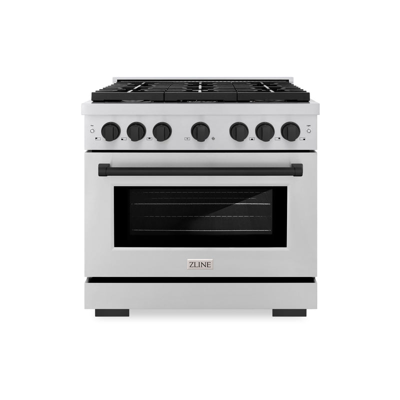 ZLINE Autograph Edition 36 in. 5.2 cu. ft. Paramount Gas Range with 6 Burner Cooktop and Convection Gas Oven in Stainless Steel and Matte Black Accents (SGRZ-36-MB) ZLINE