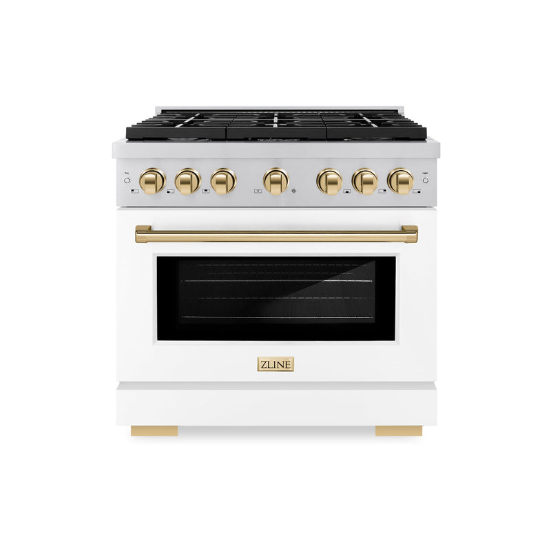 ZLINE Autograph Edition 36 in. 5.2 cu. ft. Paramount Gas Range with 6 Burner Cooktop and Convection Gas Oven in Stainless Steel with White Matte Door and Polished Gold Accents (SGRZ-WM-36-G) ZLINE