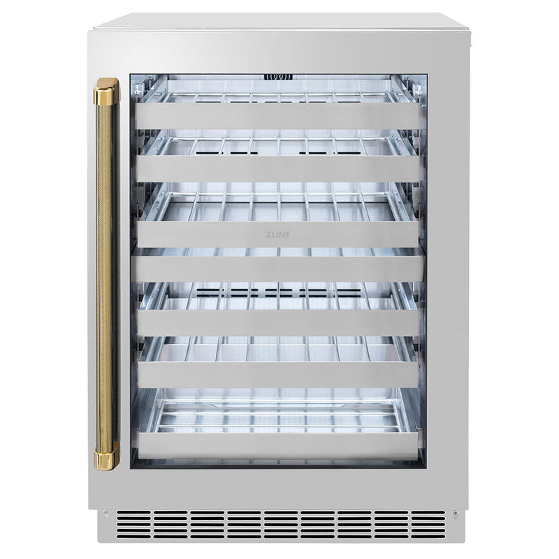 ZLINE Autograph Edition 24 in. Touchstone Dual Zone 44 Bottle Wine Cooler with Stainless Steel Glass Door and Polished Gold Helix Handle (RWDOZS-24-KG) ZLINE