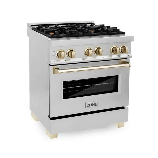 ZLINE Autograph Edition 30 in. 4.0 cu. ft. Legacy Dual Fuel Range with 4 Burner Gas Cooktop and Electric Convection Oven in Stainless Steel and Champagne Bronze Accents (RAZ-30-CB) Zline