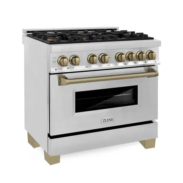 ZLINE Autograph Edition 36 in. 4.6 cu. ft. Legacy Dual Fuel Range with 6 Burner Gas Cooktop and Electric Convection Oven in Stainless Steel and Polished Gold Accents (RAZ-36-G) Zline