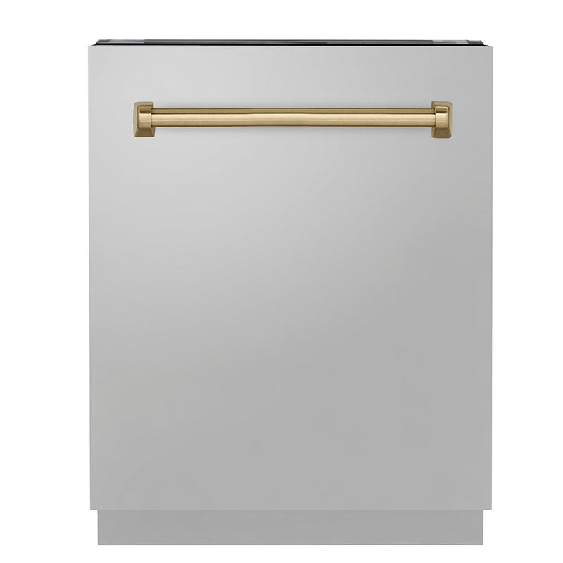ZLINE Autograph Edition 24" Tallac Series 3rd Rack Top Control Built-In Tall Tub Dishwasher in Stainless Steel with Champagne Bronze Handle 51dBa (DWVZ-304-24-CB) ZLINE