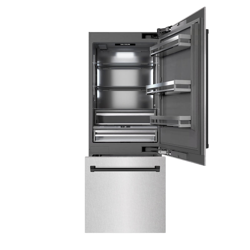 ZLINE Autograph Edition 30 in. 16.1 cu. ft. Built-In Bottom Freezer Refrigerator with Water Dispenser and Ice Maker in DuraSnow® Stainless Steel with Graphite Gray Interior and Matte Black Accents (GRBIVZ-SN-30-MB) ZLINE