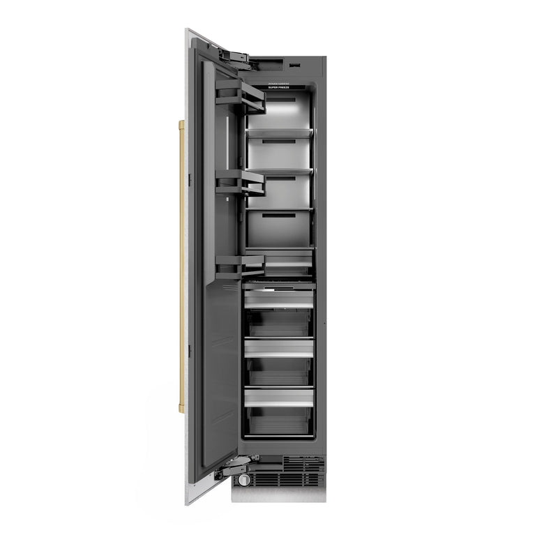 ZLINE Autograph Edition 18 in. 8.6 cu. ft. Left Hinge Column Freezer in Satin Stainless Steel with Graphite Gray Interior and Champagne Bronze Accents (RCFVLZ-SN-18-CB) ZLINE
