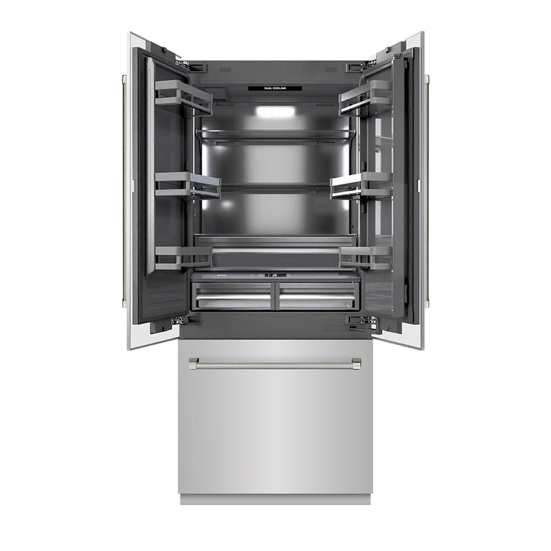 ZLINE Autograph Edition 36 in. 19.6 cu. ft. French Door Built-In Bottom Freezer Refrigerator with Water Dispenser and Ice Maker in Stainless Steel with Graphite Gray Interior and Polished Nickel Helix Handles (GRBIVZ-30436KPN) ZLINE
