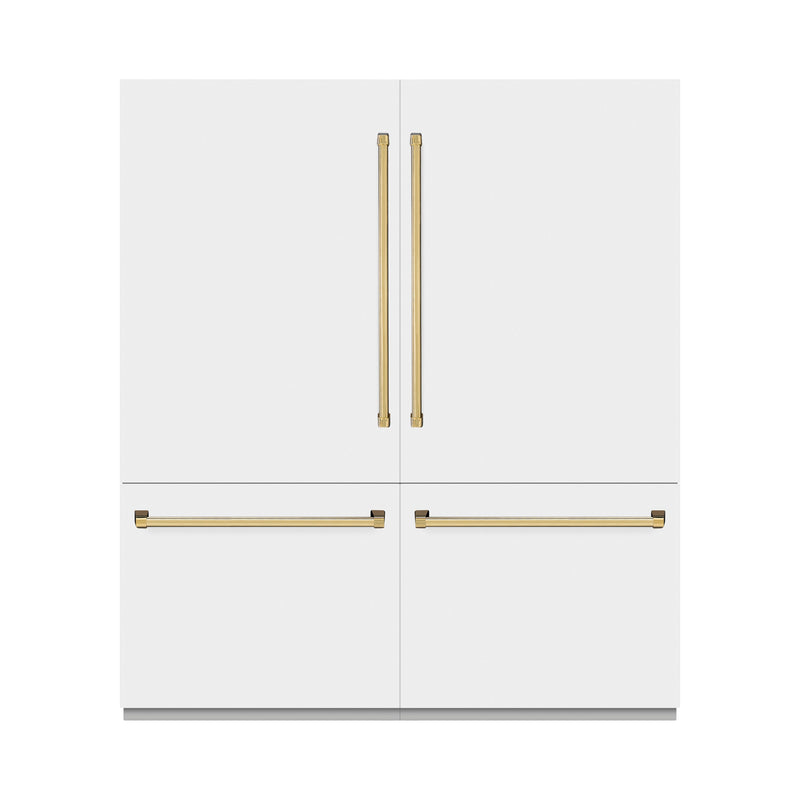 ZLINE Autograph Edition 72 in. 39.6 cu. ft. French Door Built-In Bottom Freezer Refrigerator with Water Dispensers and Ice Makers in White Matte and Polished Gold Accents (RBITZ-WM-72-G) ZLINE