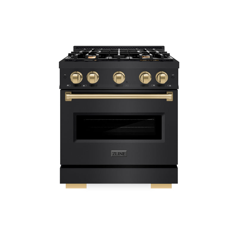 ZLINE Autograph Edition 30 in. 4.2 cu. ft. Classic Gas Range with 4 Burner Cooktop and Convection Gas Oven in Black Stainless Steel and Champagne Bronze Accents (CGRBZ-30-CB) ZLINE