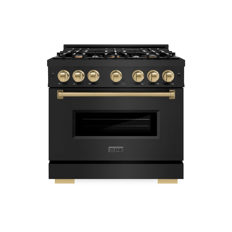 ZLINE Autograph Edition 36 in. 5.2 cu. ft. Classic Dual Fuel Range with 6 Burner Gas Cooktop and Electric Convection Oven in Black Stainless Steel with Champagne Bronze Accents (CDRBZ-36-CB) ZLINE