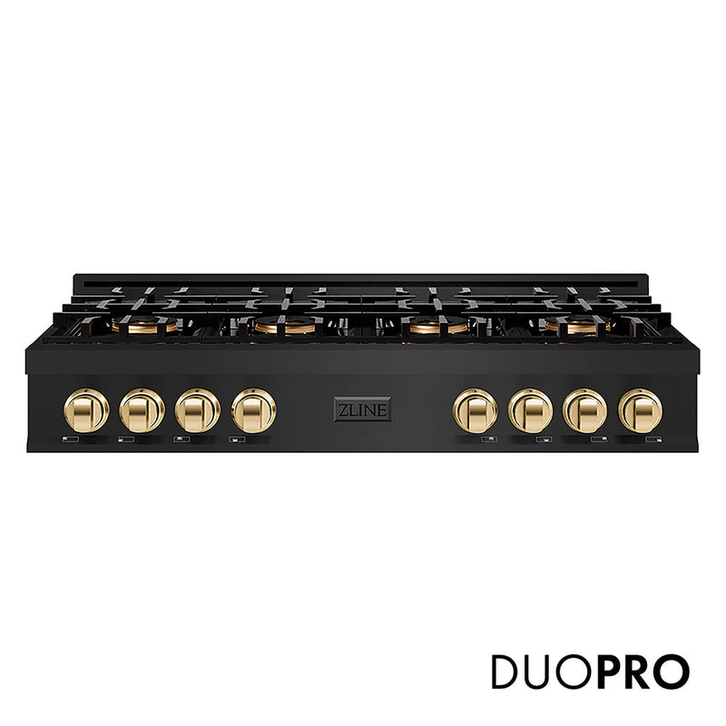 ZLINE Autograph Edition 48 in. Classic Gas Rangetop with 8 Burner DuoPro™ Cooktop in Black Stainless Steel and Polished Gold Accents (PCRTBZ-48-G) ZLINE