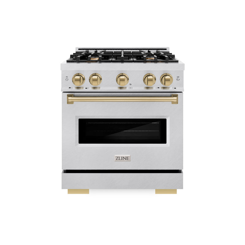 ZLINE Autograph Edition 30 in. 4.2 cu. ft. Classic Dual Fuel Range with 4 Burner Gas Cooktop and Electric Convection Oven in Satin Stainless Steel with Champagne Bronze Accents (CDRSZ-30-CB) ZLINE