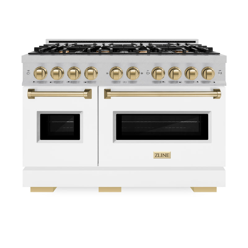 ZLINE Autograph Edition 48 in. 6.7 cu. ft. Classic Double Oven Dual Fuel Range with 8 Burner Gas Cooktop in Satin Stainless Steel with White Matte Doors and Champagne Bronze Accents (CDRSZ-WM-48-CB) ZLINE
