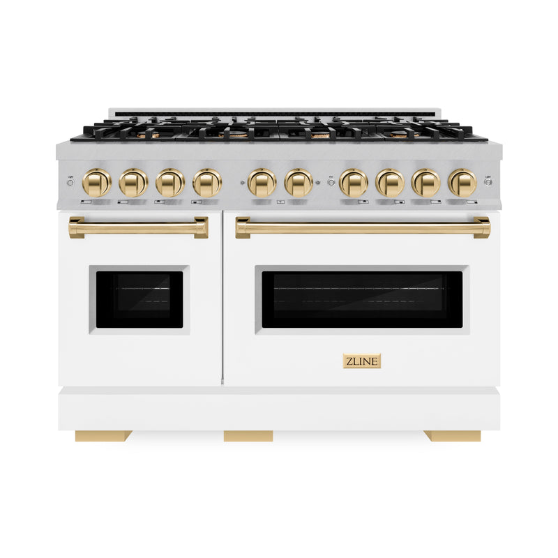ZLINE Autograph Edition 48 in. 6.7 cu. ft. Classic Double Oven Dual Fuel Range with 8 Burner Gas Cooktop in Satin Stainless Steel with White Matte Doors and Polished Gold Accents (CDRSZ-WM-48-G) ZLINE