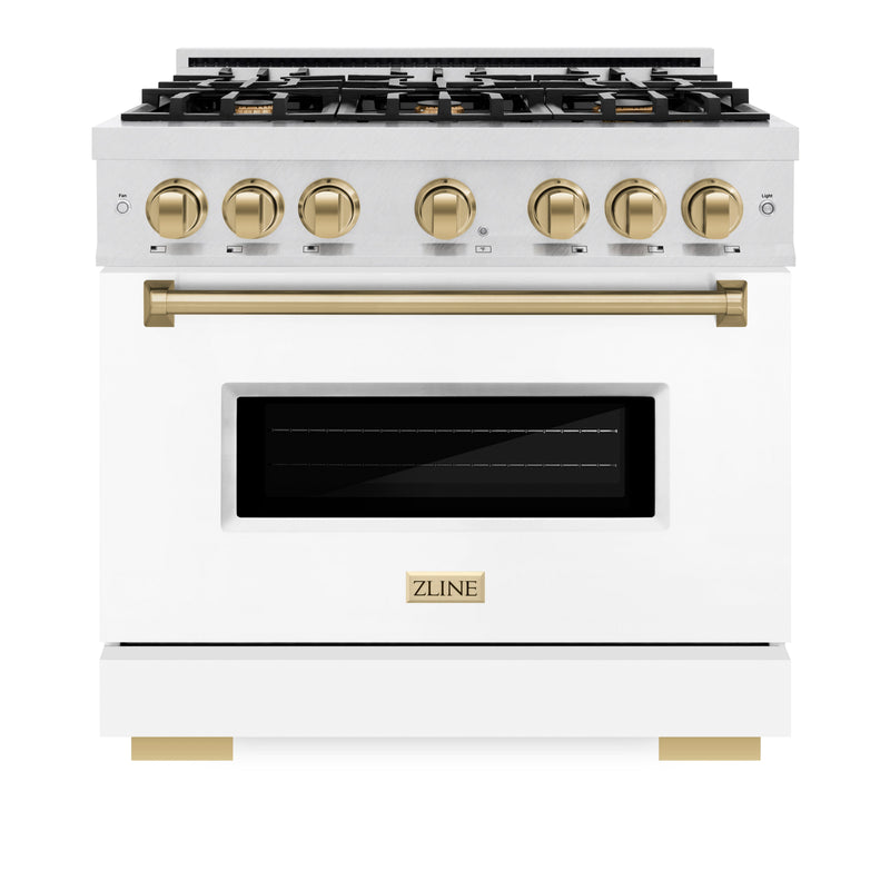 ZLINE Autograph Edition 36 in. 5.2 cu. ft. Classic Gas Range with 6 Burner Cooktop and Convection Gas Oven in Satin Stainless Steel with White Matte Door and Champagne Bronze Accents (CGRSZ-WM-36-CB) ZLINE