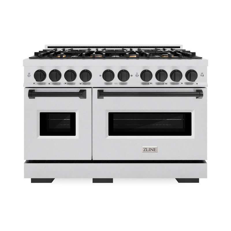 ZLINE Autograph Edition 48 in. 6.7 cu. ft. Classic Double Oven Gas Range with 8 Burner Cooktop in Satin Stainless Steel and Matte Black Accents (CGRSZ-48-MB) ZLINE