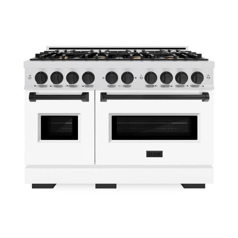 ZLINE Autograph Edition 48 in. 6.7 cu. ft. Classic Double Oven Gas Range with 8 Burner Cooktop in Satin Stainless Steel with White Matte Doors and Matte Black Accents (CGRSZ-WM-48-MB) ZLINE