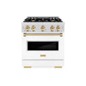 ZLINE Autograph Edition 30 in. 4.2 cu. ft. Classic Gas Range with 4 Burner Cooktop and Convection Gas Oven in Satin Stainless Steel with White Matte Door and Polished Gold Accents (CGRSZ-WM-30-G)