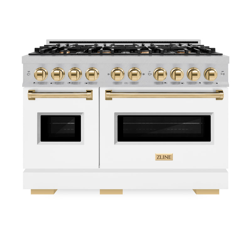 ZLINE Autograph Edition 48 in. 6.7 cu. ft. Classic Double Oven Gas Range with 8 Burner Cooktop in Satin Stainless Steel with White Matte Doors and Polished Gold Accents (CGRSZ-WM-48-G) ZLINE