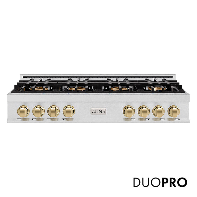ZLINE Autograph Edition 48 in. Classic Gas Rangetop with 8 Burner DuoPro™ Cooktop in Satin Stainless Steel and Champagne Bronze Accents (PCRTSZ-48-CB) ZLINE