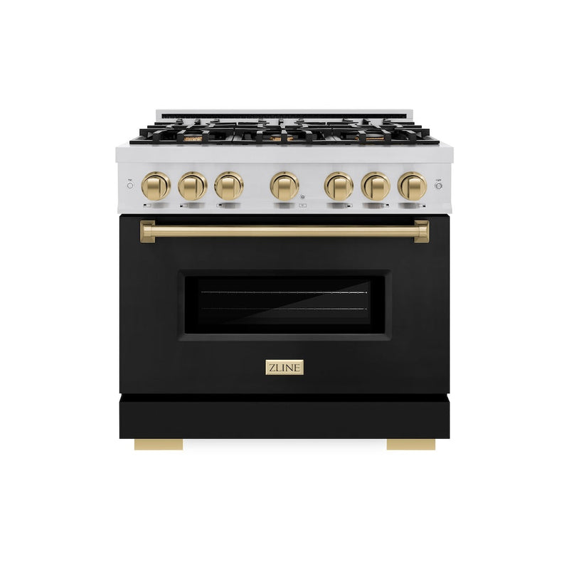 ZLINE Autograph Edition 36 in. 5.2 cu. ft. Classic Dual Fuel Range with 6 Burner Gas Cooktop and Electric Convection Oven in Stainless Steel with Black Matte Door and Champagne Bronze Accents (CDRZ-BLM-36-CB) ZLINE