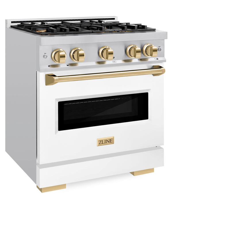 ZLINE Autograph Edition 30 in. 4.2 cu. ft. Classic Dual Fuel Range with 4 Burner Gas Cooktop and Electric Convection Oven in Stainless Steel with White Matte Door and Polished Gold Accents (CDRZ-WM-30-G) ZLINE