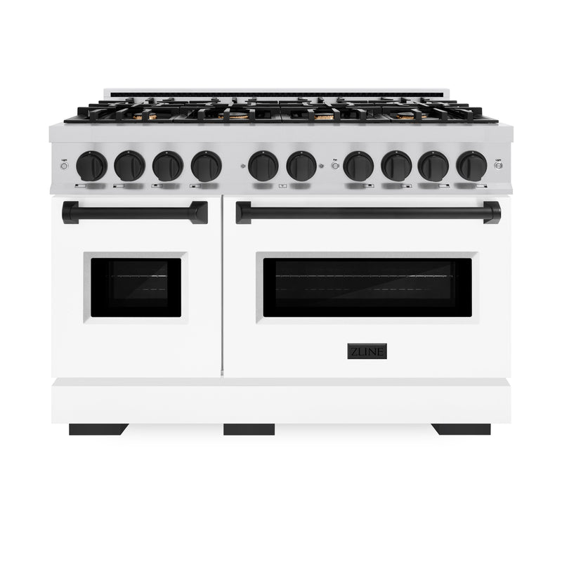 ZLINE Autograph Edition 48 in. 6.7 cu. ft. Classic Double Oven Dual Fuel Range with 8 Burner Gas Cooktop in Stainless Steel with White Matte Door and Matte Black Accents (CDRZ-WM-48-MB) ZLINE