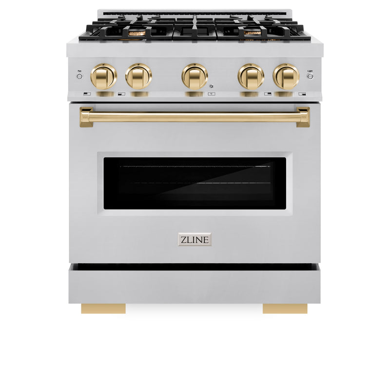 ZLINE Autograph Edition 30 in. 4.2 cu. ft. Classic Dual Fuel Range with 4 Burner Gas Cooktop and Electric Convection Oven in Stainless Steel with Polished Gold Accents (CDRZ-30-G) ZLINE