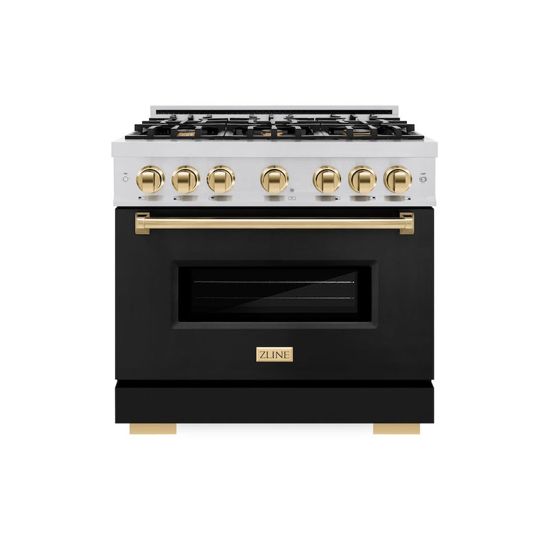 ZLINE Autograph Edition 36 in. 5.2 cu. ft. Classic Dual Fuel Range with 6 Burner Gas Cooktop and Electric Convection Oven in Stainless Steel with Black Matte Door and Polished Gold Accents (CDRZ-BLM-36-G) ZLINE