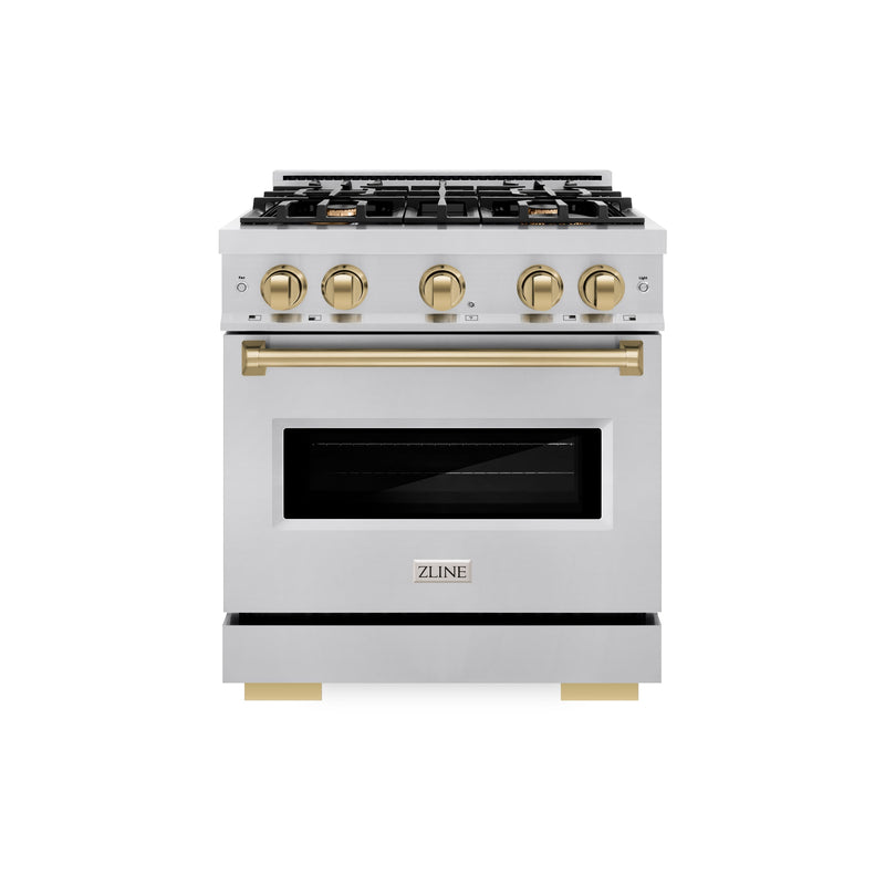 ZLINE Autograph Edition 30 in. 4.2 cu. ft. Classic Gas Range with 4 Burner Cooktop and Convection Gas Oven in Stainless Steel and Champagne Bronze Accents (CGRZ-30-CB) ZLINE
