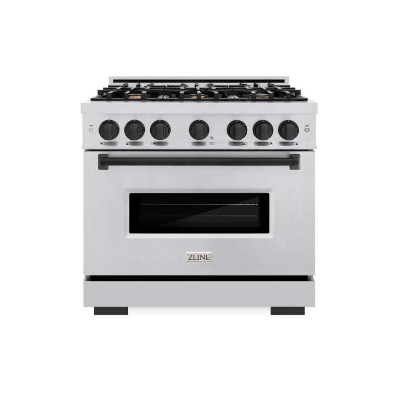 ZLINE Autograph Edition 36 in. 5.2 cu. ft. Classic Gas Range with 6 Burner Cooktop and Convection Gas Oven in Stainless Steel and Matte Black Accents (CGRZ-36-MB) ZLINE