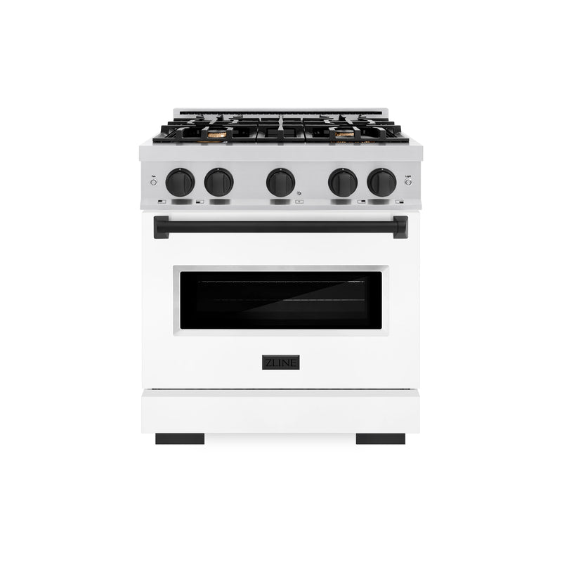 ZLINE Autograph Edition 30 in. 4.2 cu. ft. Classic Gas Range with 4 Burner Cooktop and Convection Gas Oven in Stainless Steel with White Matte Door and Matte Black Accents (CGRZ-WM-30-MB) ZLINE