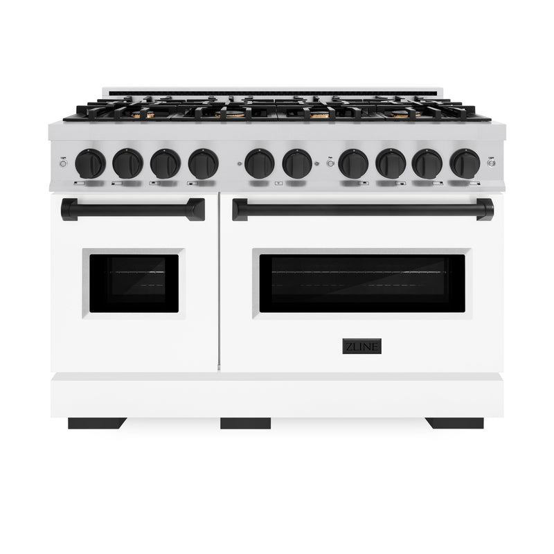 ZLINE Autograph Edition 48 in. 6.7 cu. ft. Classic Double Oven Gas Range with 8 Burner Cooktop in Stainless Steel with White Matte Doors and Matte Black Accents (CGRZ-WM-48-MB) ZLINE