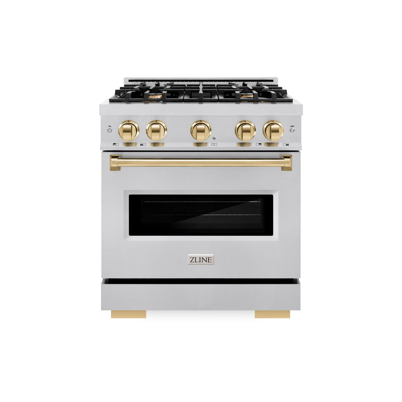 ZLINE Autograph Edition 30 in. 4.2 cu. ft. Classic Gas Range with 4 Burner Cooktop and Convection Gas Oven in Stainless Steel and Polished Gold Accents (CGRZ-30-G) ZLINE