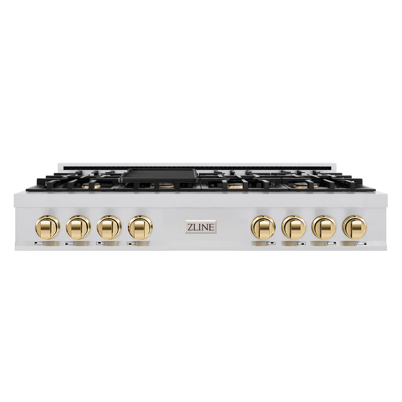ZLINE Autograph Edition 48 in. Legacy Gas Rangetop with 7 Burners and Porcelain Cooktop in Stainless Steel with Polished Gold Accents (RTZ-48-G) ZLINE
