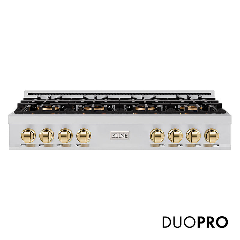 ZLINE Autograph Edition 48 in. Classic Gas Rangetop with 8 Burner DuoPro™ Cooktop in Stainless Steel and Polished Gold Accents (PCRTZ-48-G) ZLINE