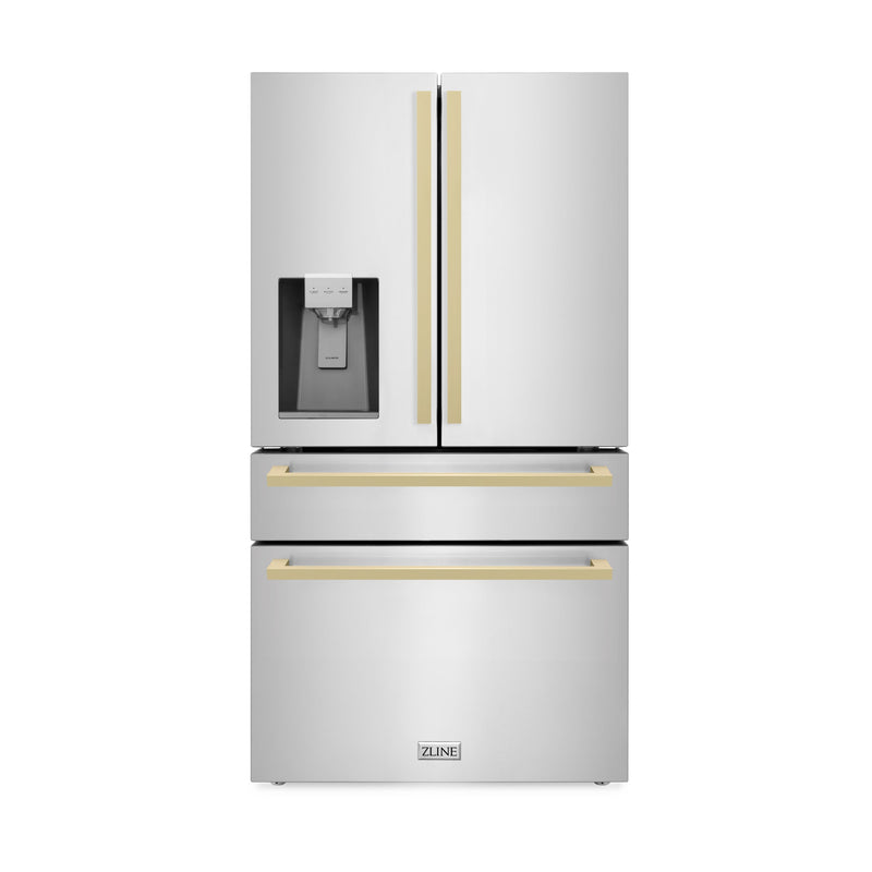 ZLINE Autograph Edition 36 in. 21.6 cu. ft. Counter-Depth French Door Refrigerator with Water and Ice Dispenser in Fingerprint-Resistant Stainless Steel with Champagne Bronze Modern Handles (RFMZ-W-36-FCB) ZLINE